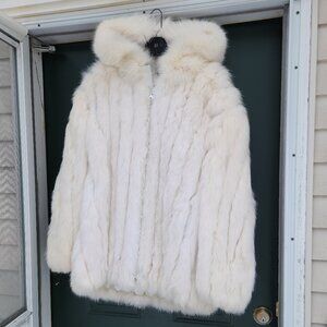 Sold Women's Hooded White Fox Fur Jacket - 2XL zippered Unisex Men's XL Vintage